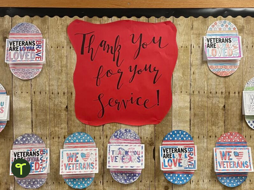 veterans day bulletin board with thank you cards from kids