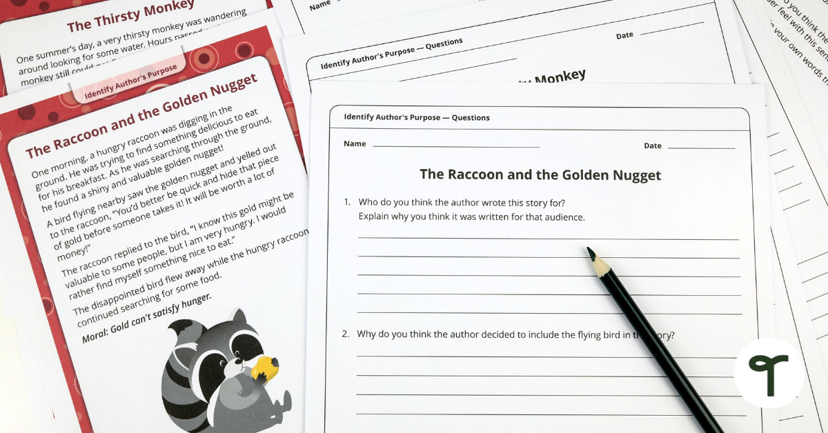 Author's Purpose worksheets with raccoon - Teach Starter