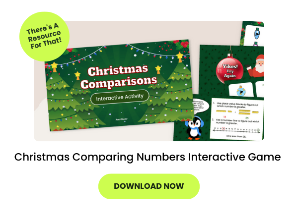 Text reads Christmas Comparing Numbers Interactive Game below an image of the google slides