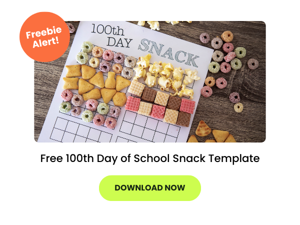 The words Free 100th Day of School Snack Template appear beneath a worksheet with 100 snacks
