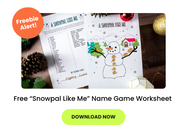 Text reads Free “Snowpal Like Me” Name Game Worksheet beneath a photo of a student's filled-out worksheet. There is a download now button below. 