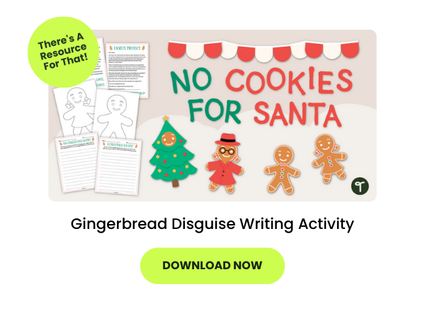 Text reads Gingerbread Disguise Writing Activity below an image of the activity