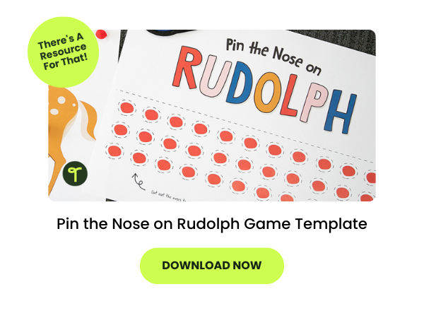 Text reads Pin the Nose on Rudolph Game Template below a photo of the game in a classroom. Below is a download now button