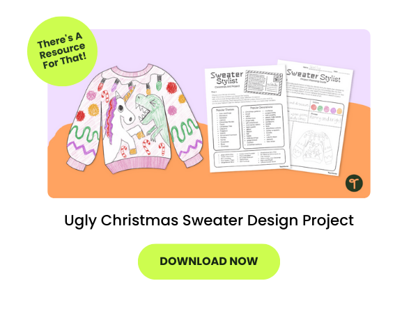 Text reads Ugle Christmas Sweater Design Project beneath a picture of the project. Beneath is a download now button. 