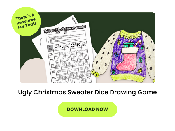 Text reads Ugly Christmas Sweater Dice Drawing Game beneath a photo of the game and game worksheet. Below is a download now button