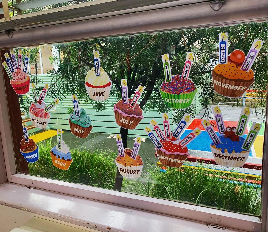 cupcake birthday display on classroom window