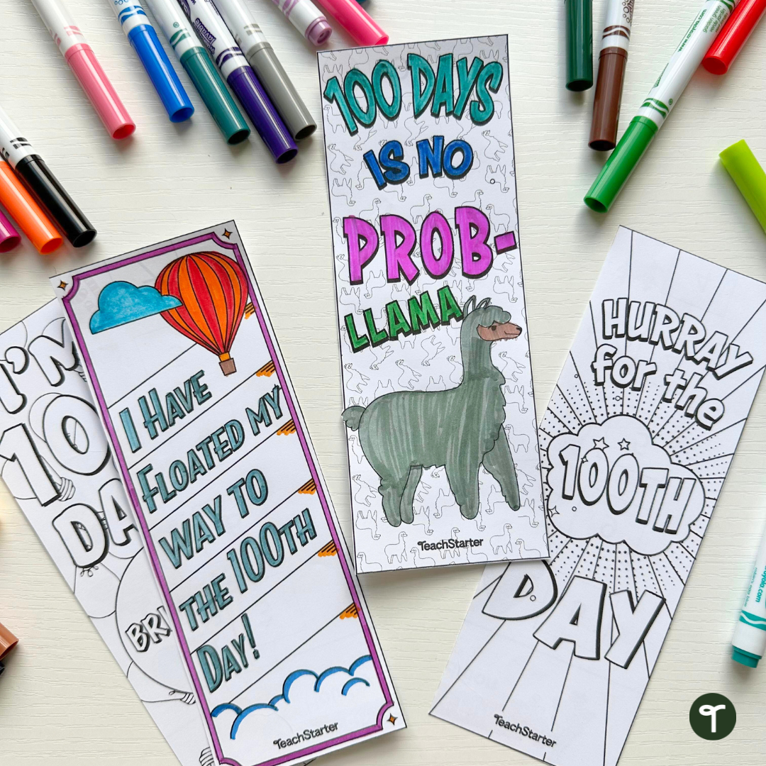 100 Days of School Bookmarks with pens on table