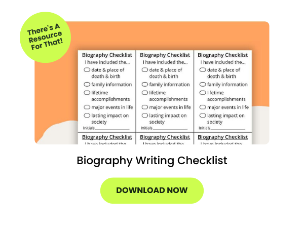The words Biography Writing Checklist appear beneath images of the printable checklists for kids