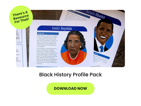 The words Black History Profile Pack appear beneath a photo of reading comprehension worksheets with Black Americans on them