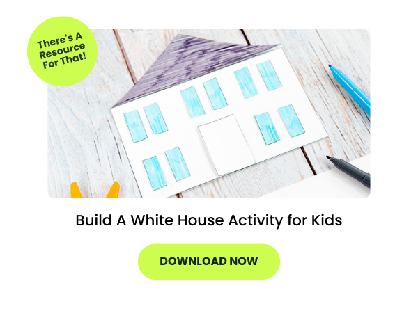The words Build A White House Activity for Kids appear beneath a photo of the presidents' day activity