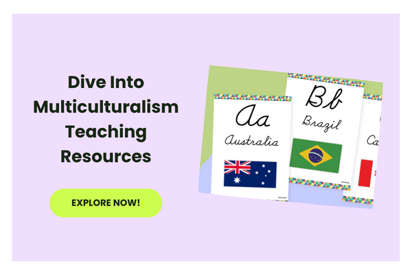 The words Dive Into Multiculturalism Teaching Resources appear beside a photo of alphabet flags from around the world