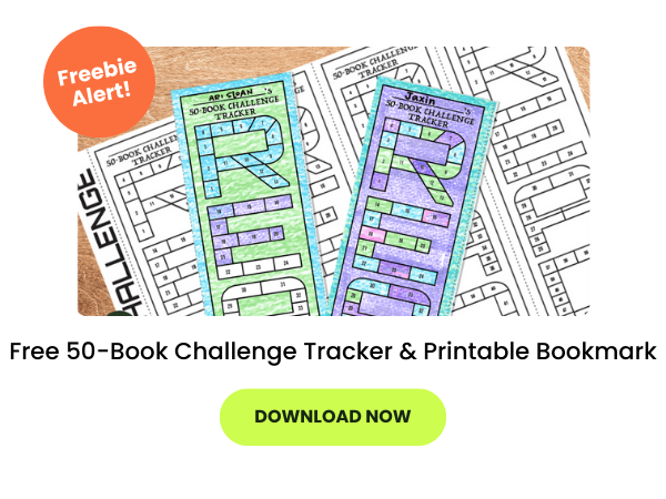 The words Free 50-Book Challenge Tracker & Printable Bookmark appear beneath an image of the printable. There's a green download now button below. 