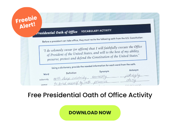 The words Free Presidential Oath of Office Activity appear beneath a photo of the worksheet