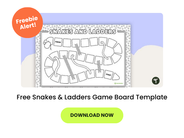 The words Free Snakes & Ladders Game Board Template appear beneath an image of the board game template on a lavender & beige background. A lime green button has the text download now