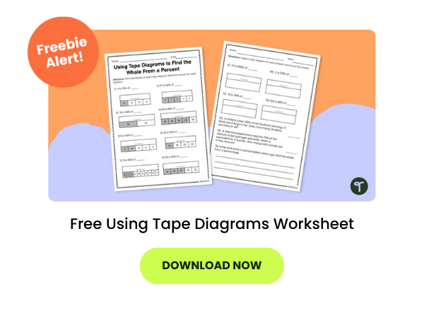 The words Free Using Tape Diagrams Worksheet appear beneath an image of the worksheet. There is an orange freebie alert sticker 