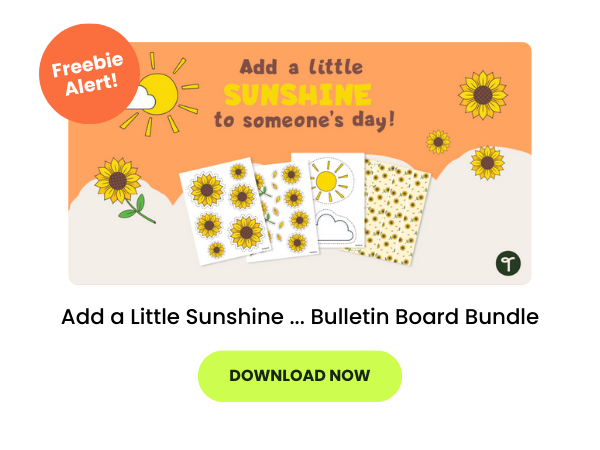 the words Add a Little Sunshine ... Bulletin Board Bundle appear beneath an image of the kindness bulletin board