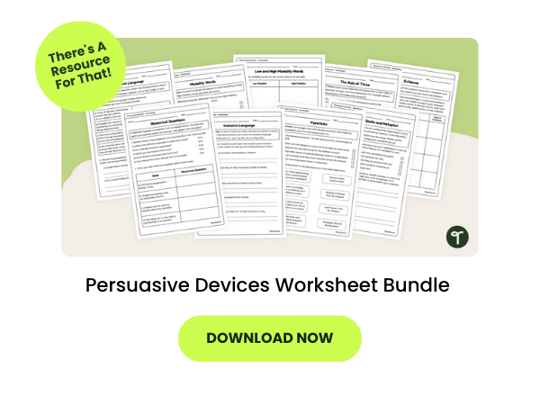 The words Persuasive Devices Worksheet Bundle appear beneath an image of the worksheets