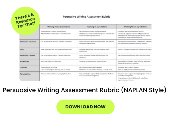 The words Persuasive Writing Assessment Rubric (NAPLAN Style) appear beneath the rubric printable