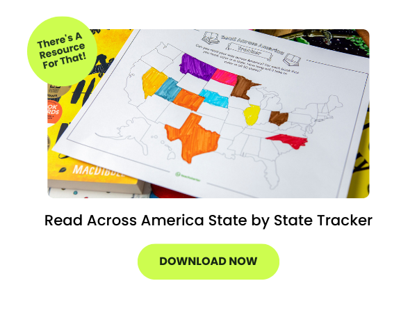 Text reads Read Across America State by State Tracker beneath a photo of the reading tracker on a US map