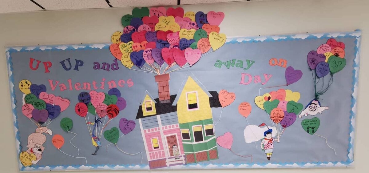 Blue bulletin board with heart balloons - Teach Starter