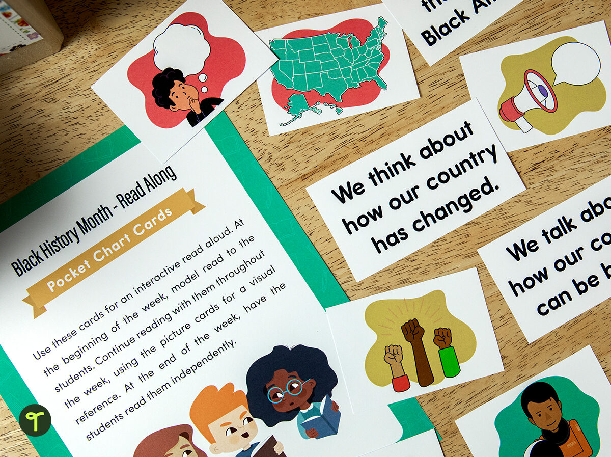 printable black history month pocket chart cards for elementary school students sitting on student desk