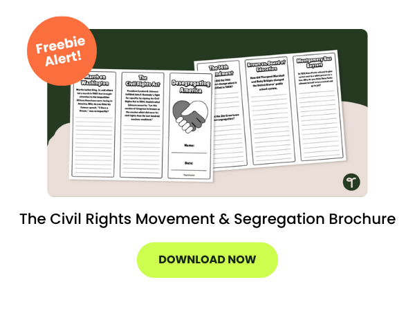 Text says The Civil Rights Movement & Segregation Brochure beneath an image of the printable brochure template. There is an orange freebie alert sticker on the top