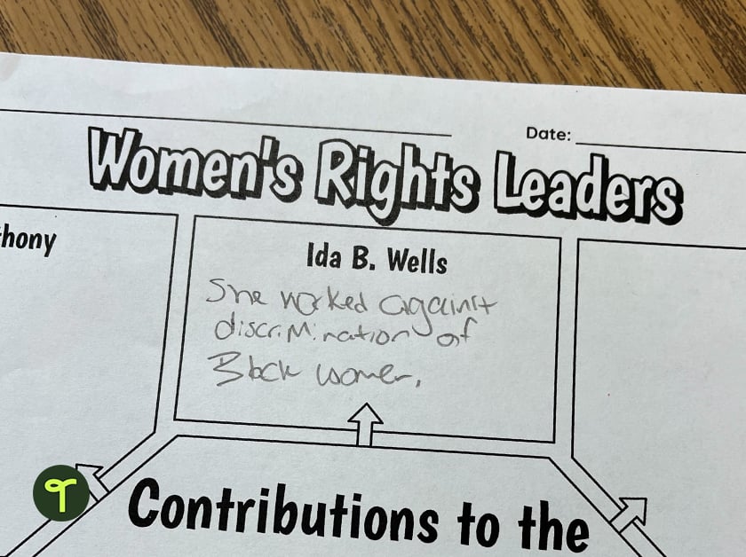 a women's rights leader graphic organizer sits on a classroom desk