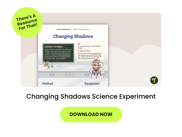 The words Changing Shadows Science Experiment appear beneath an image of the experiment worksheet. Below is a download now button