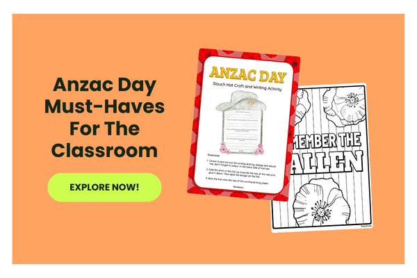An orange bubble with the text 'Anzac Day Must-Haves For The Classroom'