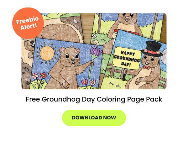 The words Free Groundhog Day Coloring Page Pack appear beneath an image of the groundhog coloring sheets