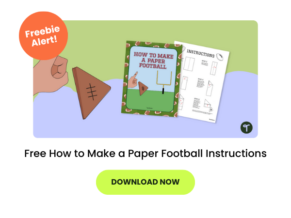 The words Free How to Make a Paper Football Instructions appear beneath an image of the instructions worksheet