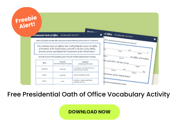 The words Free Presidential Oath of Office Vocabulary Activity appear beneath images of the activity