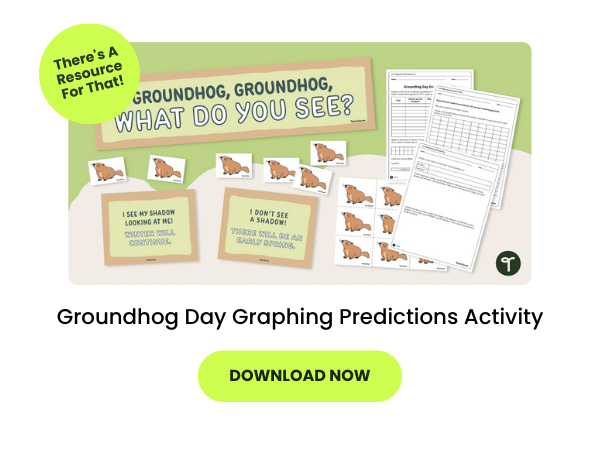 Text reads Groundhog Day Graphing Predictions Activity beneath an image of the worksheet and activity