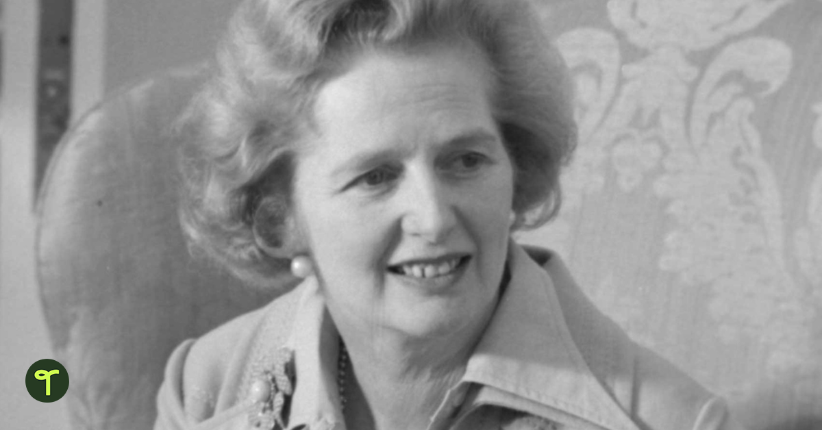 Margaret Thatcher close up in black and white - Teach Starter