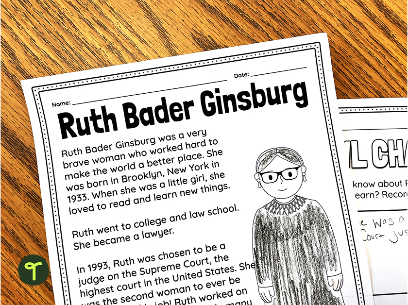 sheets from a ruth bader ginsburg activity sheet sit on a student's desk