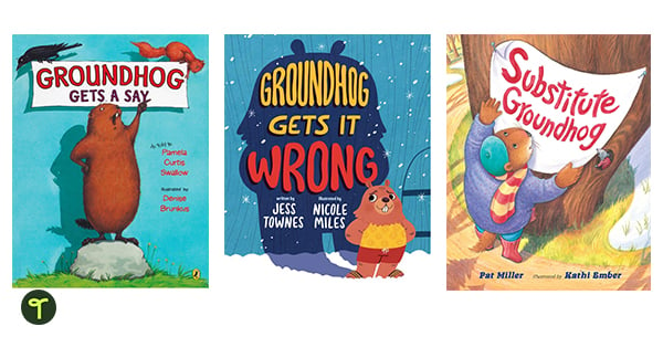 covers of 3 groundhog day books for kids are lined up on a white background