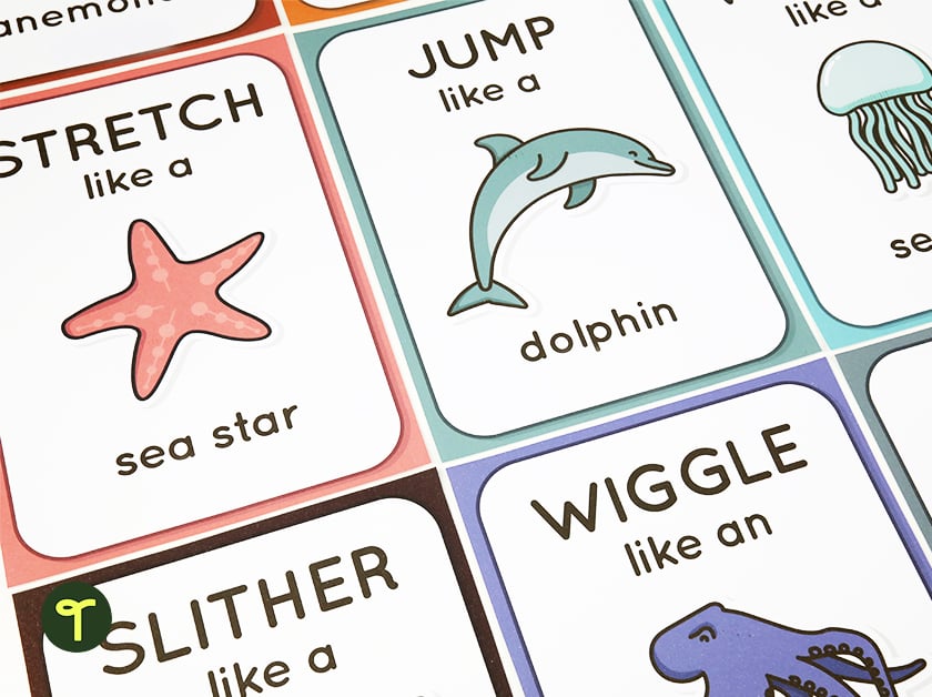 series of cards with movement activities for kids laid out side by side