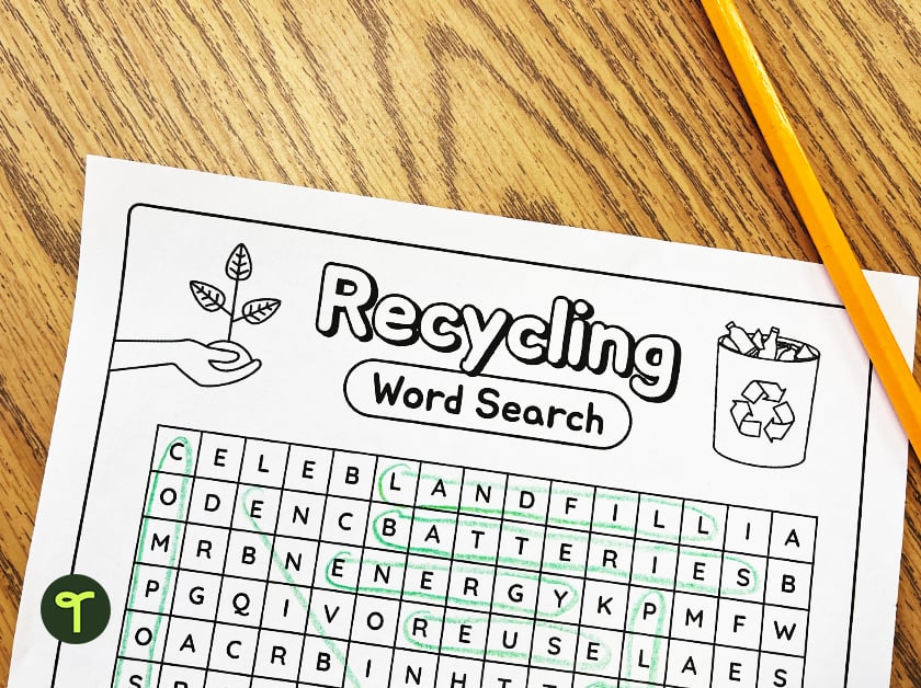 recycling word search sits on a student's desk with a pencil on it