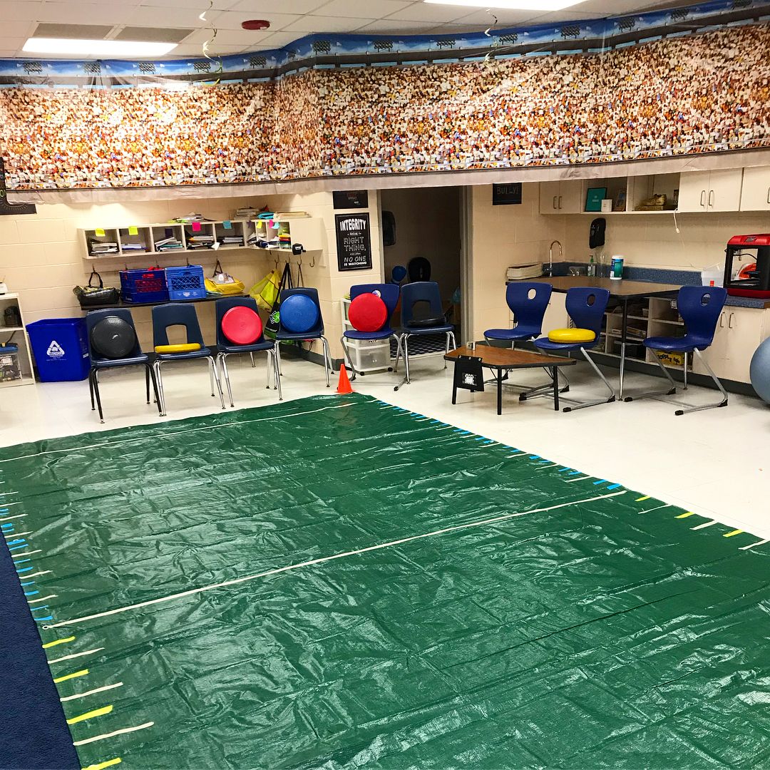a super bowl football field set up in a classroom