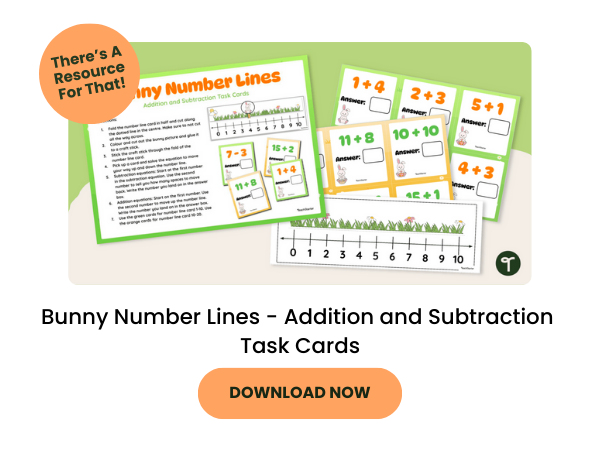 A primary school teaching resource called 'Bunny Number Lines - Addition and Subtraction Task Cards'