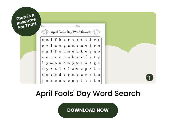 April Fools' Day Word Search with dark green 