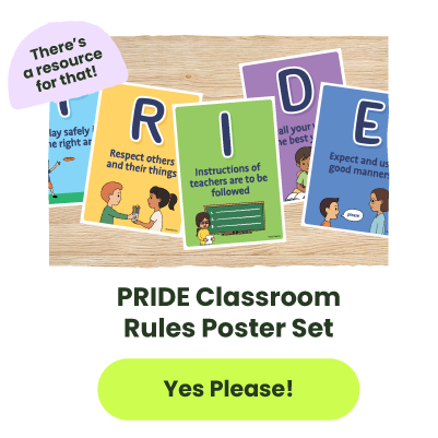 a series of classroom posters with text beneath that reads PRIDE classroom rules poster set and a button that says 