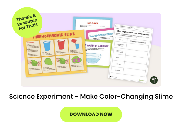 text reads Science Experiment - Make Color-Changing Slime below a photo of the science experiment worksheets