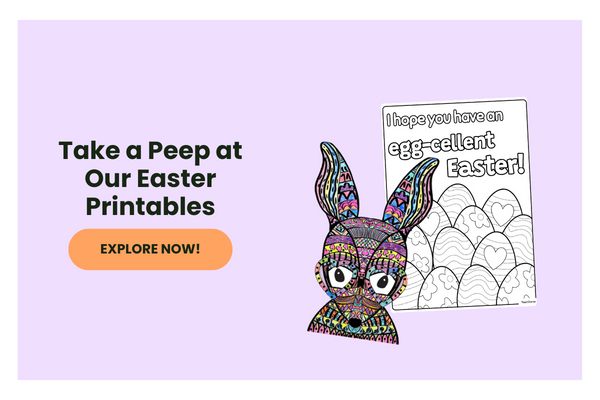 A purple bubble with the text 'Take a Peep at our Easter Prinatbles'