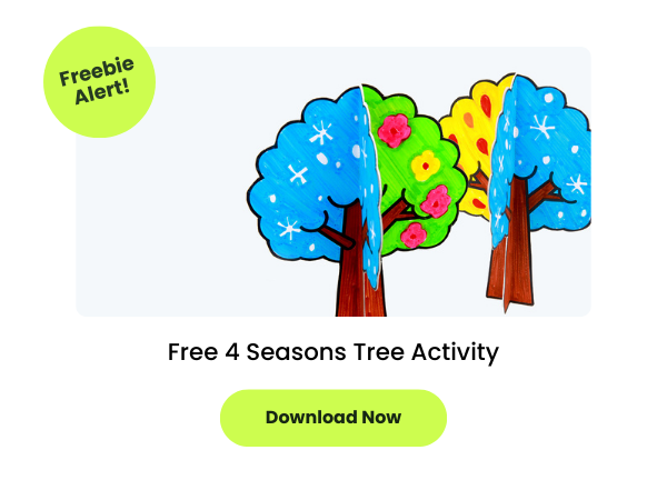 The words Free 4 Seasons Tree Activity appear beneath a photo of a child's tree activity. There is a green button with the words download now and a green circle with the words freebie alert