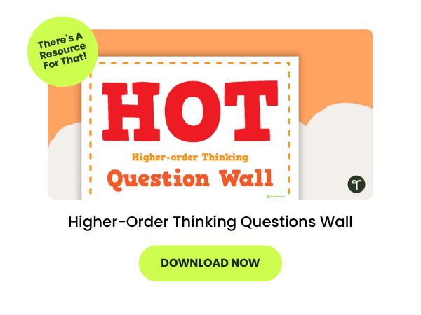 The words Higher-Order Thinking Questions Wall appear beneath an image of an item from the wall. There is a green download now button below