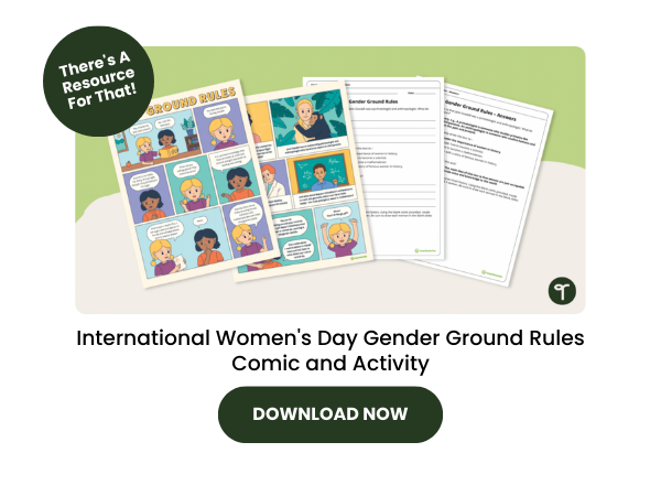International Women's Day Gender Ground Rules Comic and Activity with dark green 