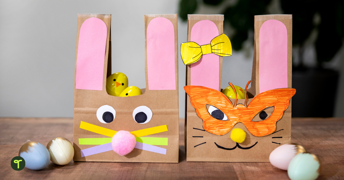 Paper Bag Easter Bunnies on table with Easter eggs