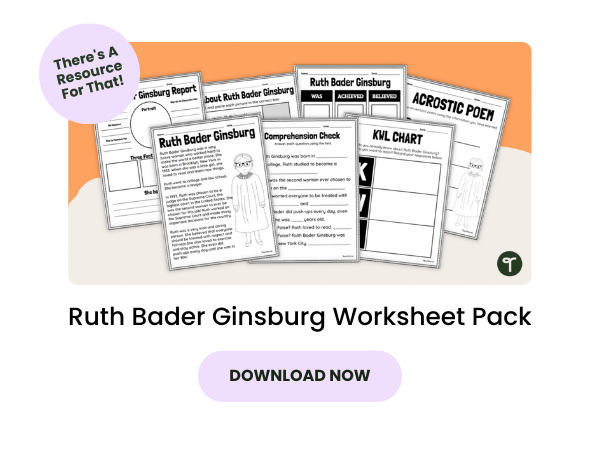 Ruth Bader Ginsburg Worksheet Pack with pink 
