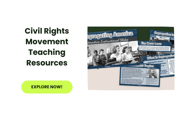 The words Civil Rights Movement Teaching Resources appear beside a slide template about desegretation